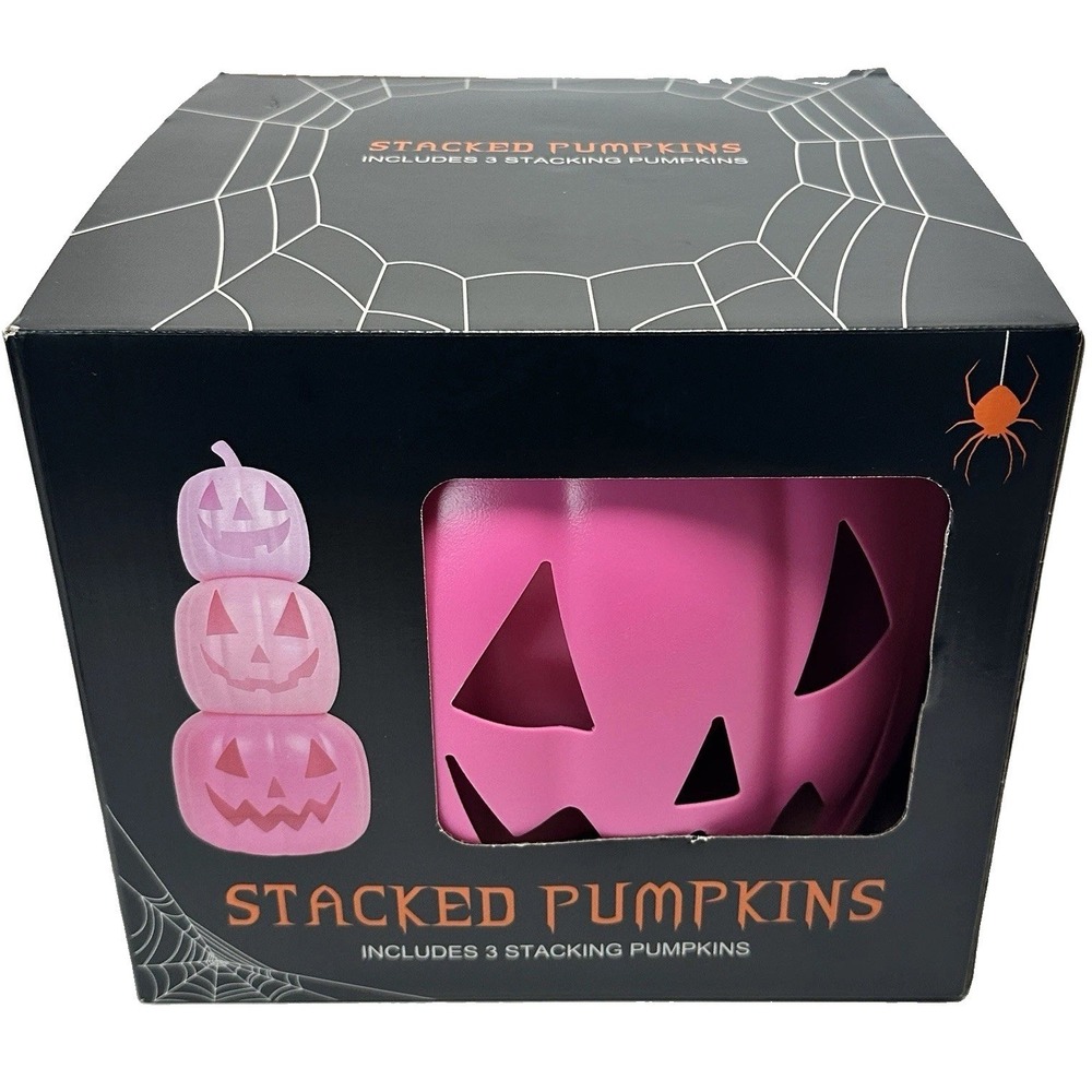Pink‎ Stacked Jack O Lantern Pumpkins Halloween Decor 23" Indoor Outdoor 3 Piece